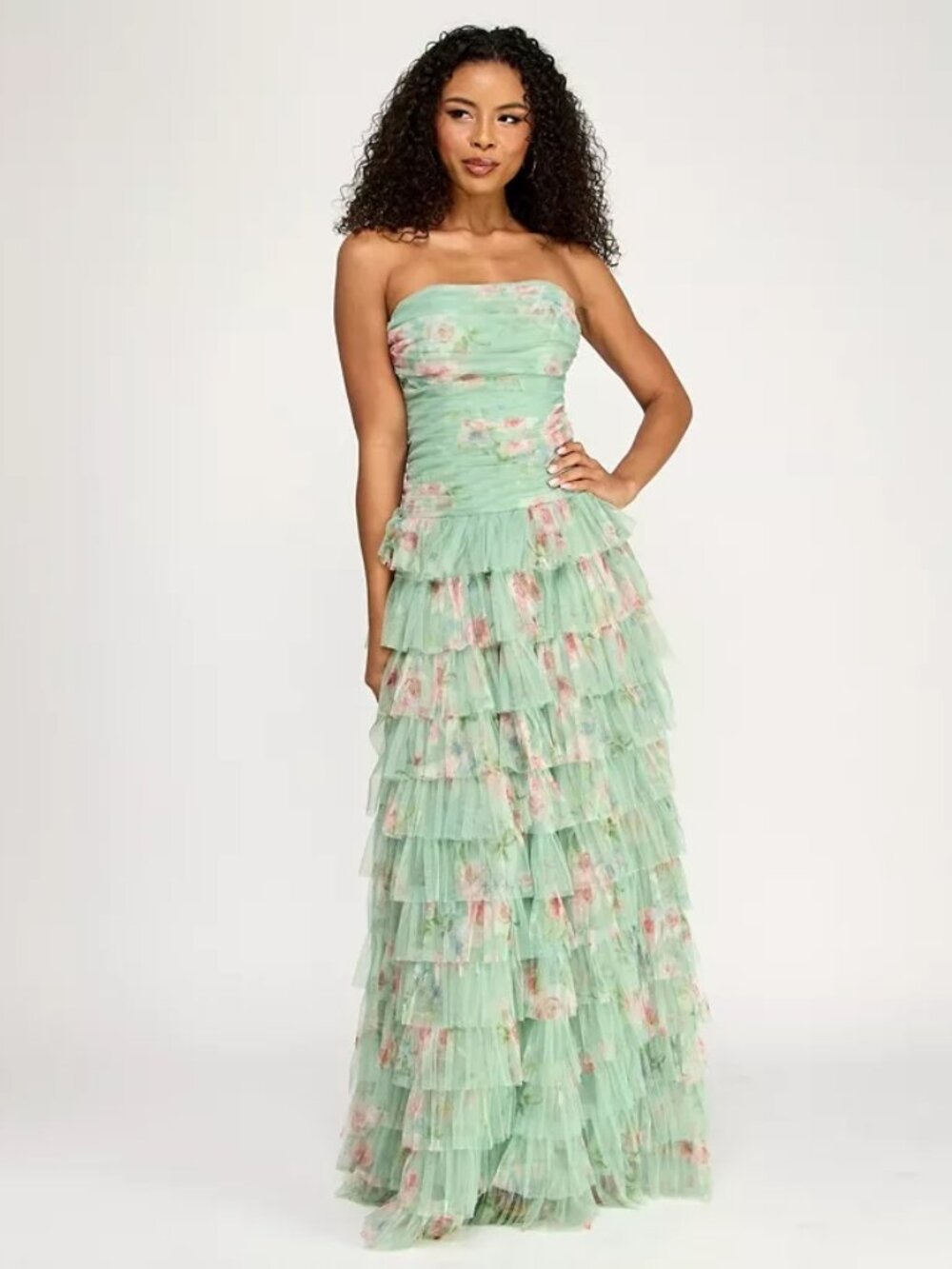 B Darlin Juniors Strapless Printed Mesh Gown with Pleated Bodice and Tiered Ruff